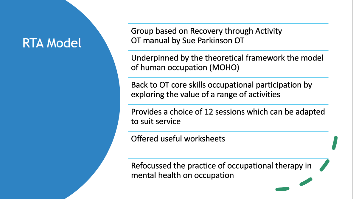 Vey informative presentation by Barbara Philipsz on Recovery Through Activity and meeting occupational needs in adult mental health community services #MHOTConference @MOHOspark
