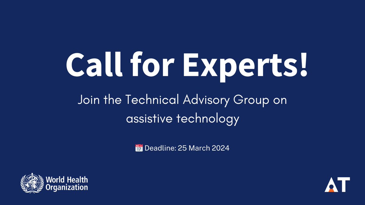 🌍💡 Passionate about improving access to #AssistiveTechnology worldwide? @WHO is seeking experts to join its Technical Advisory Group on assistive technology. 🗓️Learn more and apply by March 25th: lnkd.in/drmwUbr3 #ATChangesLives #CallForExperts