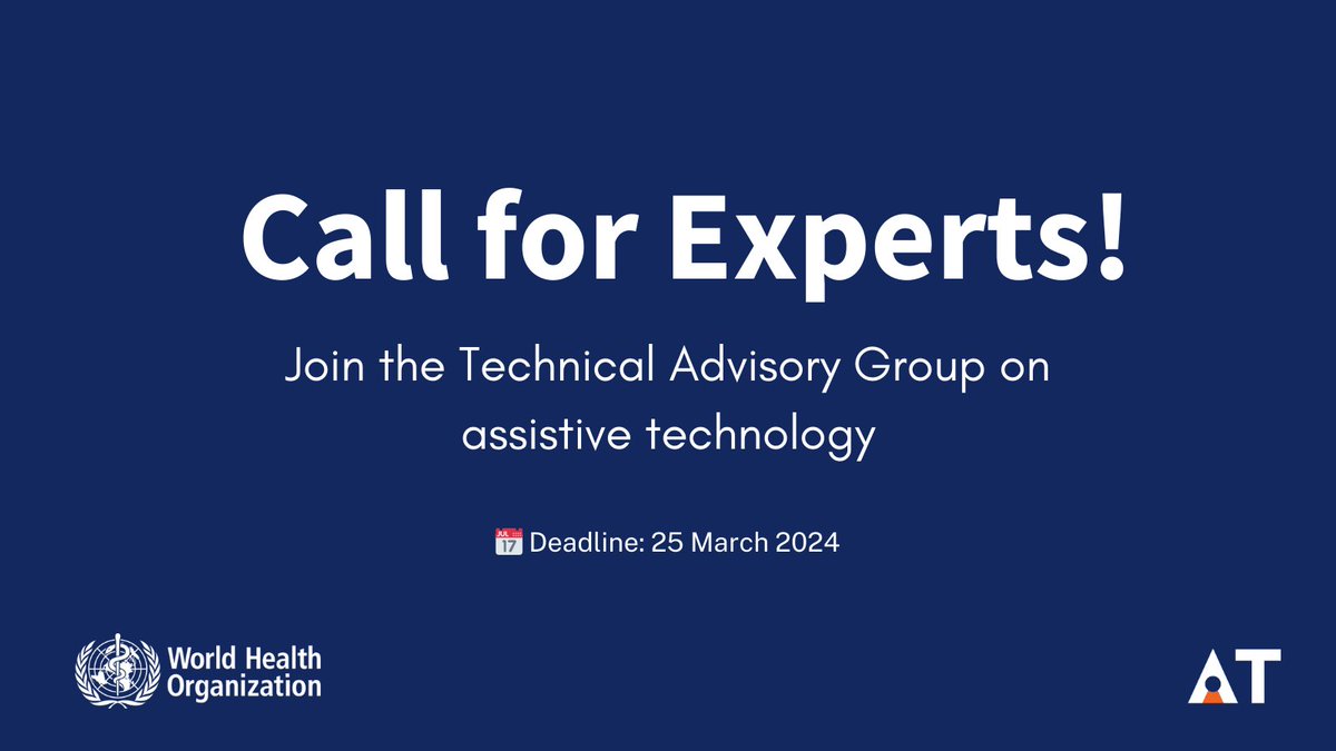 GATE #ATChangesLives (@gate_at_world) on Twitter photo 🌍💡 Passionate about improving access to #AssistiveTechnology worldwide? <a href="/WHO/">World Health Organization (WHO)</a> is seeking experts to join its Technical Advisory Group on assistive technology. 🗓️Learn more and apply by March 25th: lnkd.in/drmwUbr3
#ATChangesLives #CallForExperts 🌍💡 Passionate about improving access to #AssistiveTechnology worldwide? <a href="/WHO/">World Health Organization (WHO)</a> is seeking experts to join its Technical Advisory Group on assistive technology. 🗓️Learn more and apply by March 25th: lnkd.in/drmwUbr3
#ATChangesLives #CallForExperts