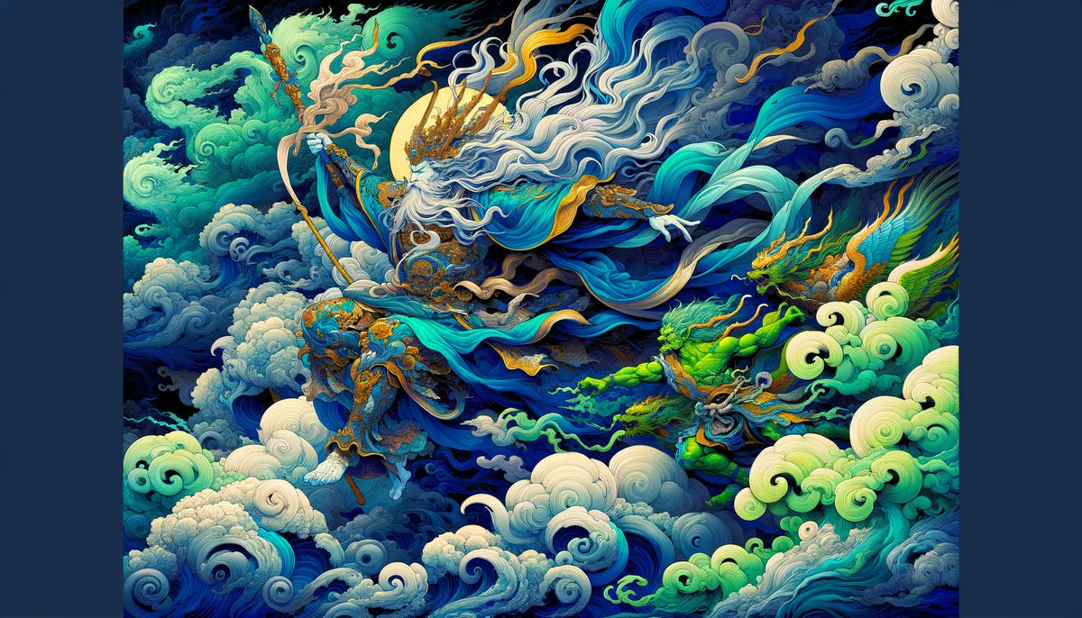222TT222's tweet photo. #WindGod confronting #ThunderGod 2. #風神雷神図 #DALLE #東京AI祭 #SOZO美術館 https://t.co/j88JYJ1WSj