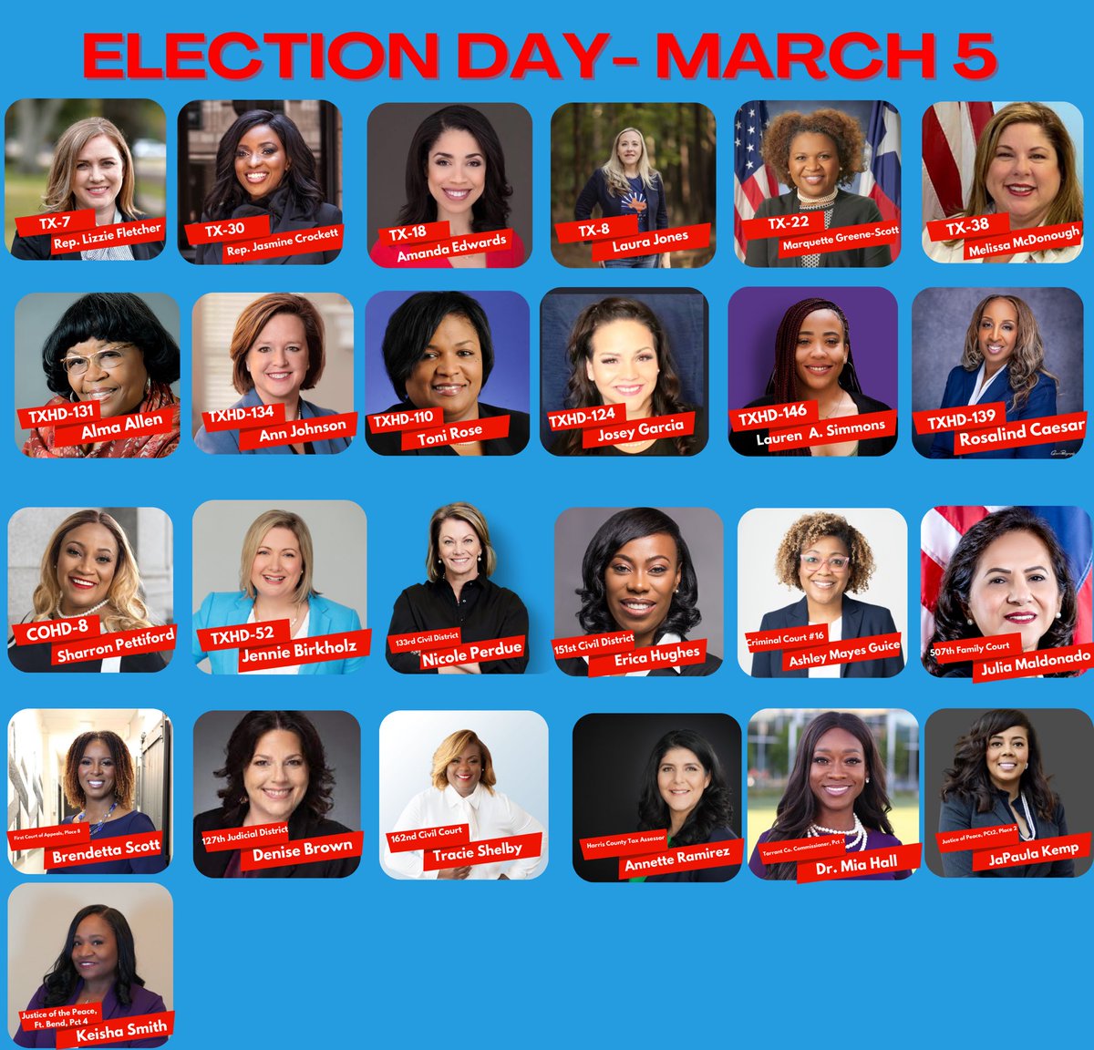 It’s Election Day! Make a plan to VOTE!! @JasmineForUS @LASimmonsTX146 @CongressLaura @RepAllenTX131 @VoteAnnJohnson @AKEdwardsTX @