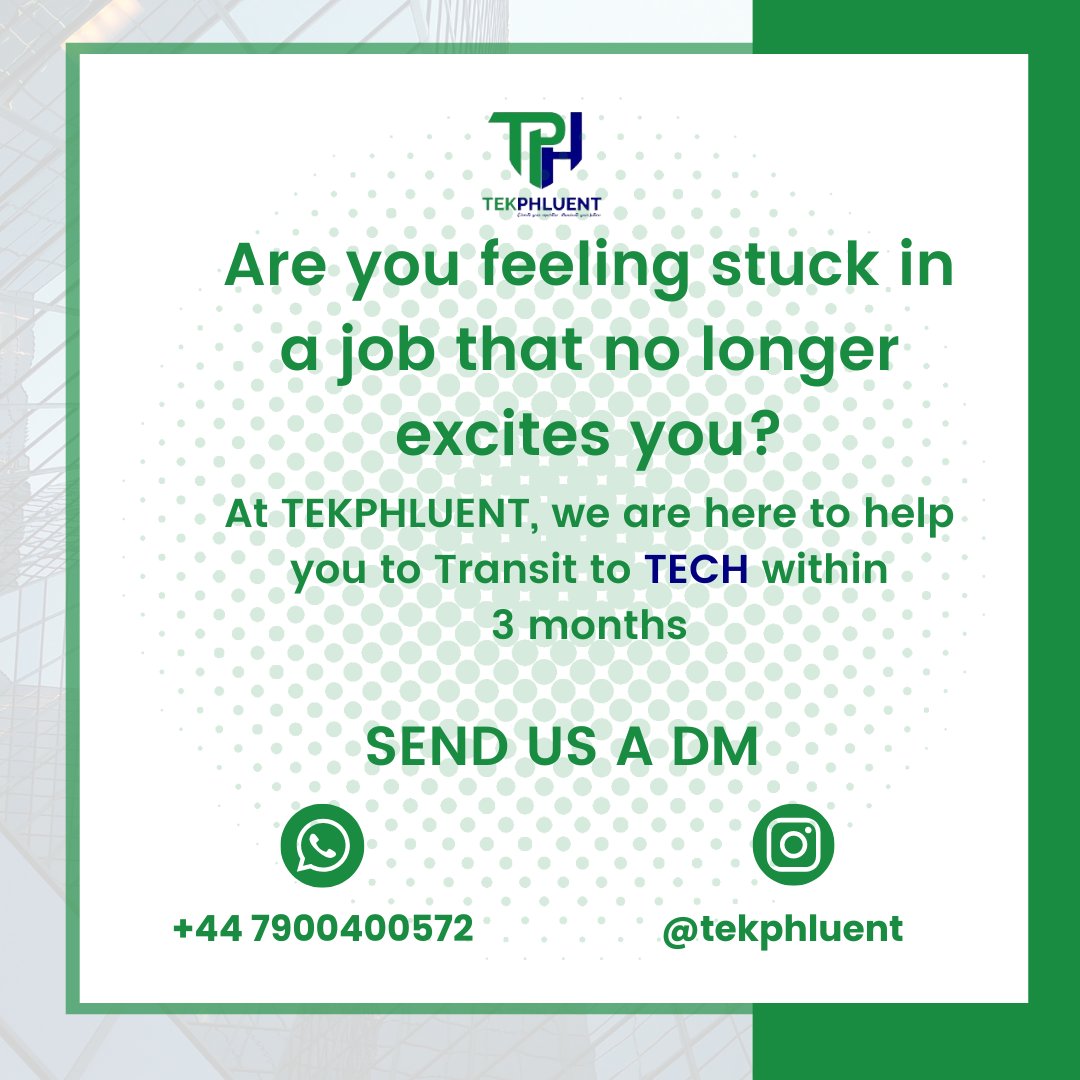 Are you feeling stuck in your current job, longing for a change and eager to explore new opportunities? Look no further than Tekphluent, your gateway to a vibrant and fulfilling career in the world of tech!
#Tekphluent #TechCareer #NewBeginnings #UKJobs #TechCareer #aprilcohort