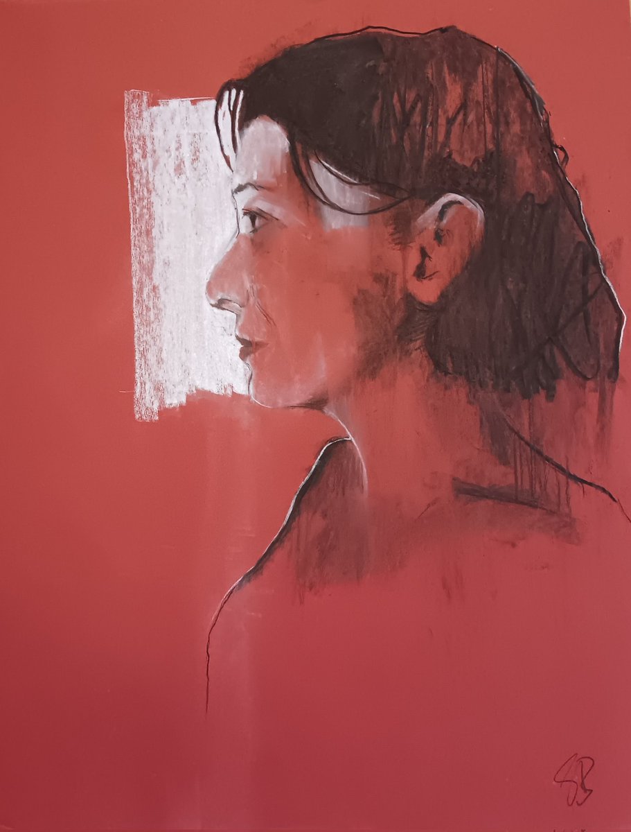 A profile of Lydia.  Charcoal and conte on red paper.