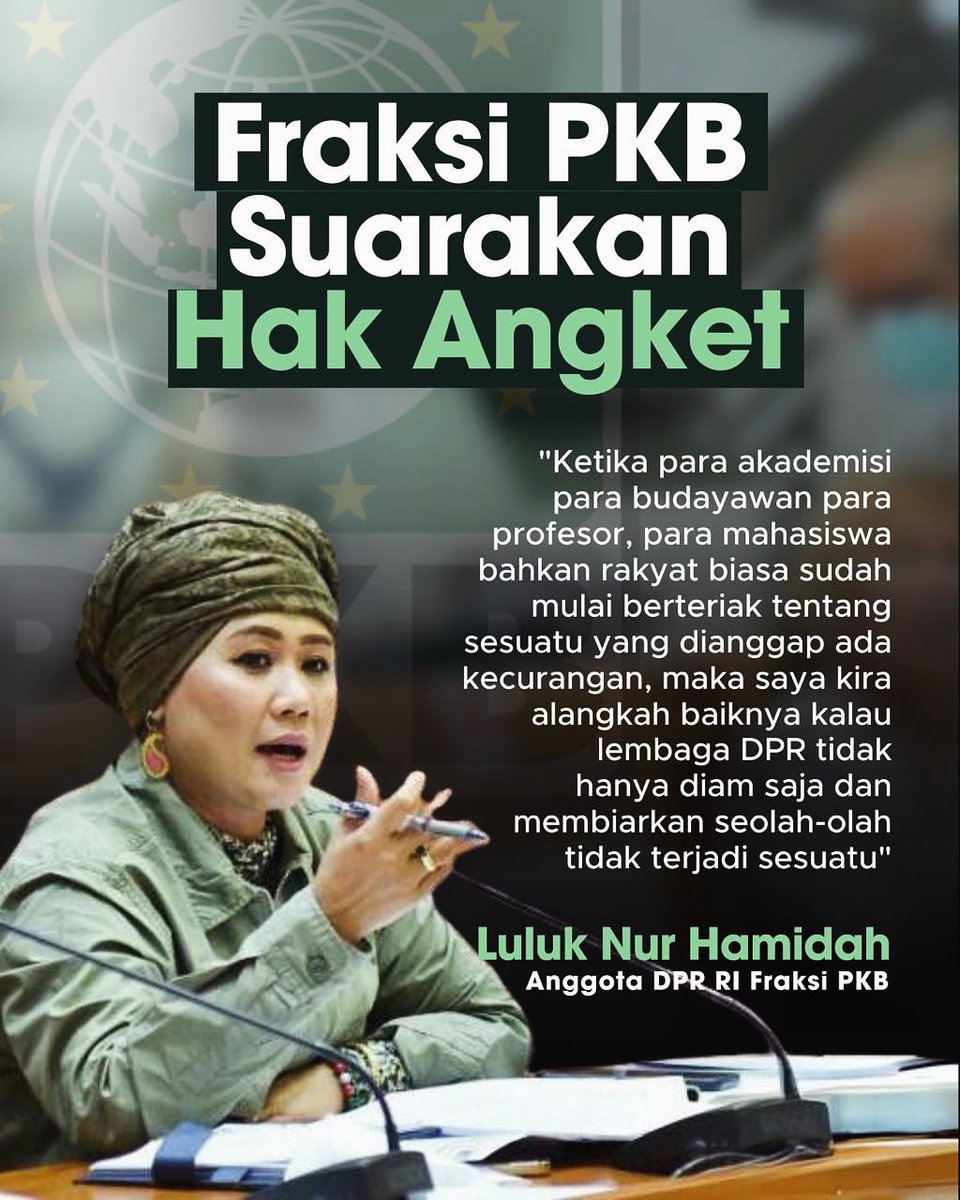 DPR tidak boleh diam saja mendengar akademisi, budayawan, professor, mahasiswa dan rakyat berteriak! 

Fraksi PKB dukung hak angket!💚☝🏻

<a href="/luluknurhamidah/">Luluk Nur Hamidah</a> @dpp_pkb