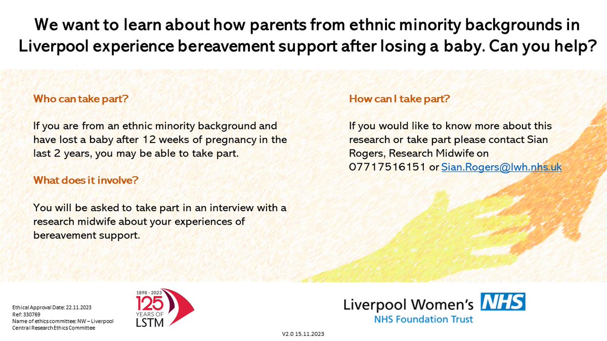 We are working to find out how parents from ethnic minority backgrounds experience perinatal bereavement support in Liverpool. For more info please DM or email sian.rogers@lwh.nhs.uk @LiverpoolWomens @LSTMnews @ResearchLWH @LiverpoolMNVP @DameTina1 @traceymills18 @Yanarichens