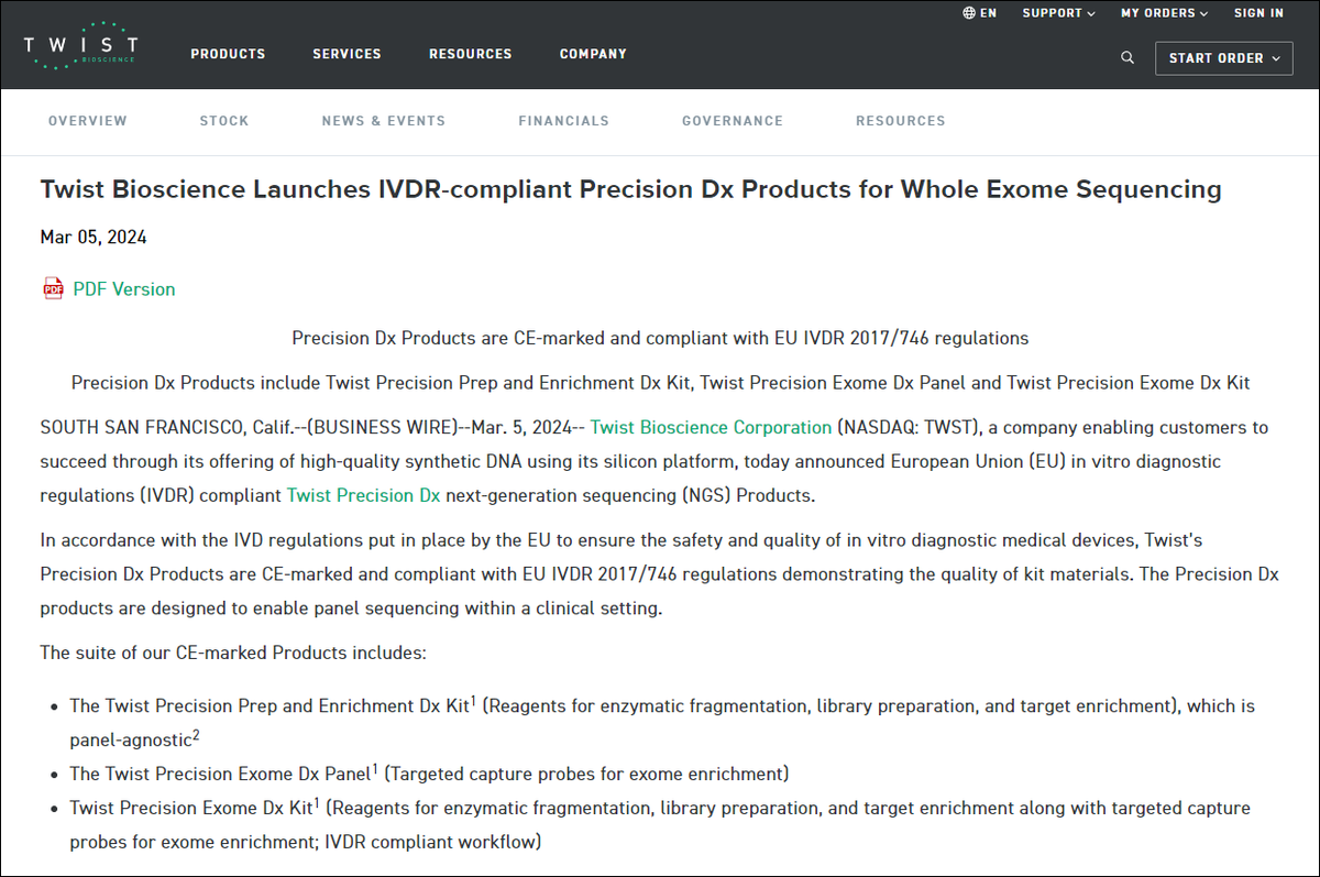 $TWST Twist Launches IVDR-compliant Precision Dx Products for Whole Exome Sequencing
🥼🔬🧫🦠🧪🧬💻🧑‍🔬💉🌡️🩸💊