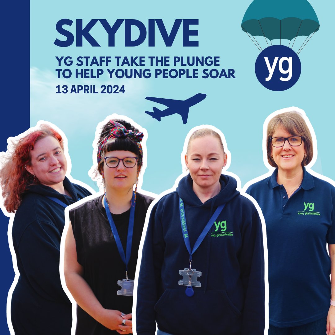 🌟 Our amazing Young Gloucestershire staff are gearing up for an adrenaline-packed adventure – they're taking the plunge with a skydive to raise funds for YG! 🪂 Click the link to donate now justgiving.com/team/YGskysoar…. #SkydiveForACause #YoungGloucestershire #Donate #CharitySkyDive