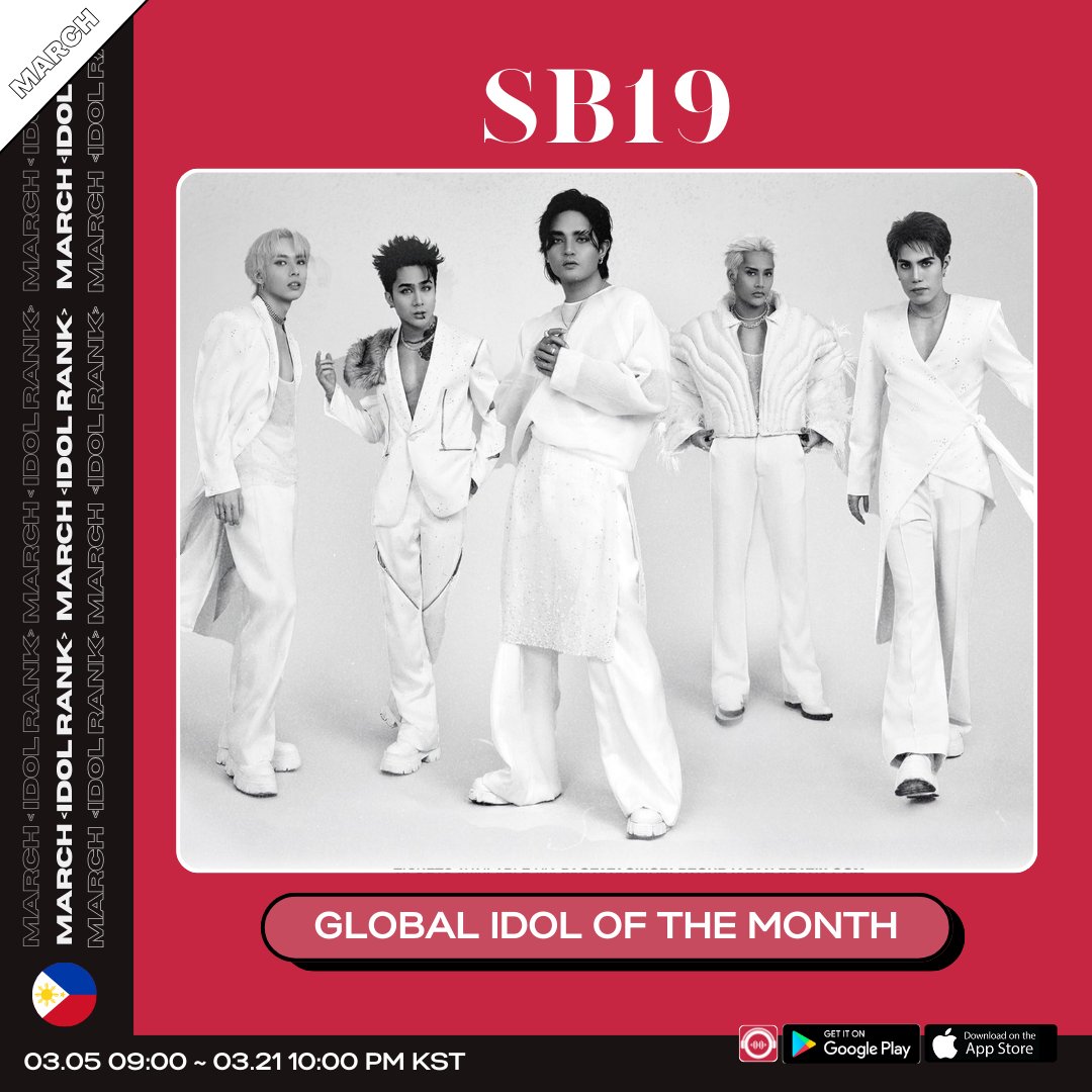 kBOPS_app's tweet image. 🇵🇭𝙂𝙡𝙤𝙗𝙖𝙡 𝙄𝘿𝙊𝙇 𝙤𝙛 𝙩𝙝𝙚 𝙈𝙤𝙣𝙩𝙝🌏

 @SB19Official is nominated for this month&apos;s idol ranking!

🏆1st place artist will get special AD🇵🇭🇰🇷🇺🇸
📆Voting Ends: 03.21.2024 10:00 PM KST

 📱Vote kBOPS APP 
🔗linktr.ee/kbops

📍Repost this for #SB19 (1 repost =…