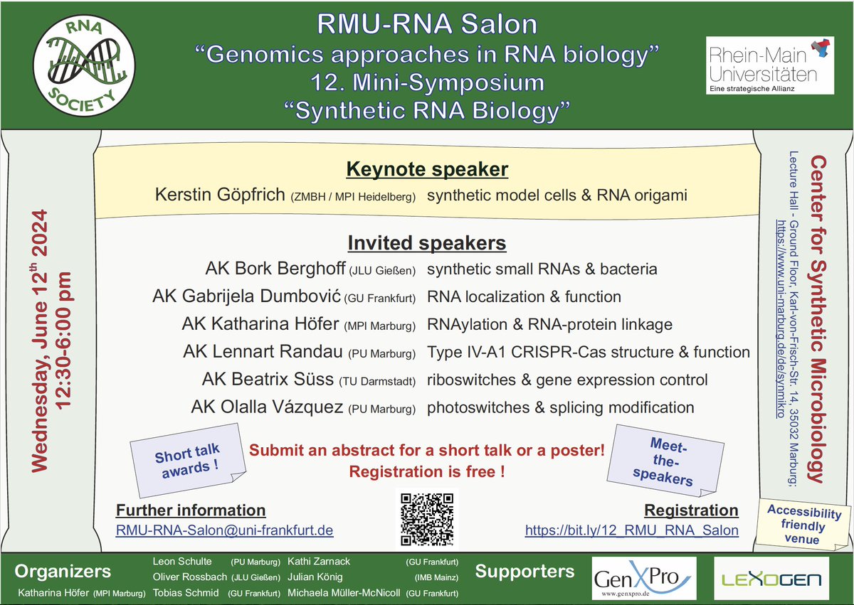 📢 Join for the RMU RNA Salon 'Synthetic RNA Biology' 12th June in Marburg! Great Talks, Postersession & Discussion. Register here for free: bit.ly/12_RMU_RNA_Sal…