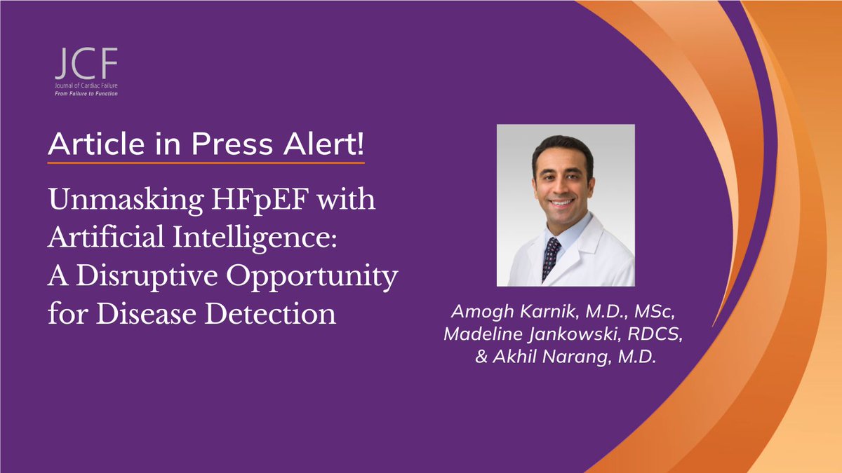 Journal of Cardiac Failure (@jcardfail) on Twitter photo 🤖🫀 Can #AI detect HFpEF? In this #JCF Ignite article in press, <a href="/akarnikmd/">Amogh Karnik, MD MSc</a> <a href="/maddiejane25/">Madeline Jankowski</a> <a href="/AkhilNarangMD/">Akhil Narang, MD</a> present their real-world experience of using AI to screen for HFpEF with #EchoFirst data. #THT2024
🔗onlinejcf.com/article/S1071-… 🤖🫀 Can #AI detect HFpEF? In this #JCF Ignite article in press, <a href="/akarnikmd/">Amogh Karnik, MD MSc</a> <a href="/maddiejane25/">Madeline Jankowski</a> <a href="/AkhilNarangMD/">Akhil Narang, MD</a> present their real-world experience of using AI to screen for HFpEF with #EchoFirst data. #THT2024
🔗onlinejcf.com/article/S1071-…