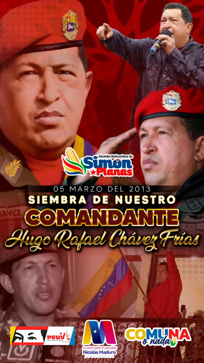 Hoy conmemoramos la Siembra de de nuestro comandante eterno Hugo Chávez. Quien cambió el rumbo de la historia de este país e influyendo enormemente en la política internacional quien siguió los pasos de Bolívar para construir la patria libre y liberadora. @NicolasMaduro