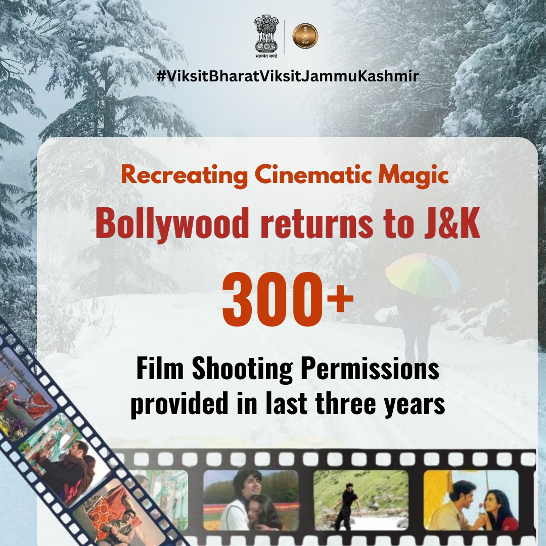 #ViksitBharatViksitJnK Recreating Cinematic Magic More than 300 Film Permissions provided in last three years . #PMInKashmir @PMOIndia @HMOIndia @MIB_India @OfficeOfLGJandK @PIB_India @DDNewslive @airnewsalerts @PIBSrinagar @CBCJammuKashmir