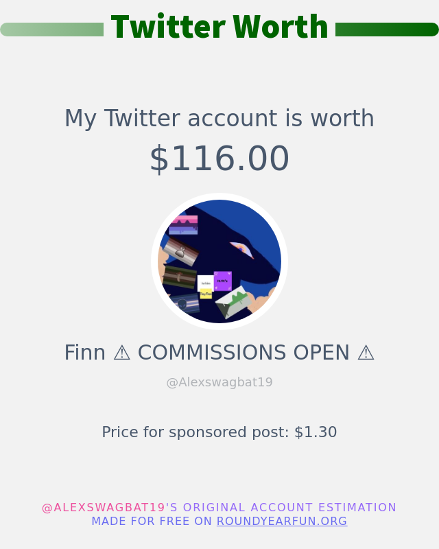 Alexswagbat19's tweet photo. My Twitter worth is: $116.00

➡️ https://t.co/EzrKzvwTvk https://t.co/WJxtFTsOQT