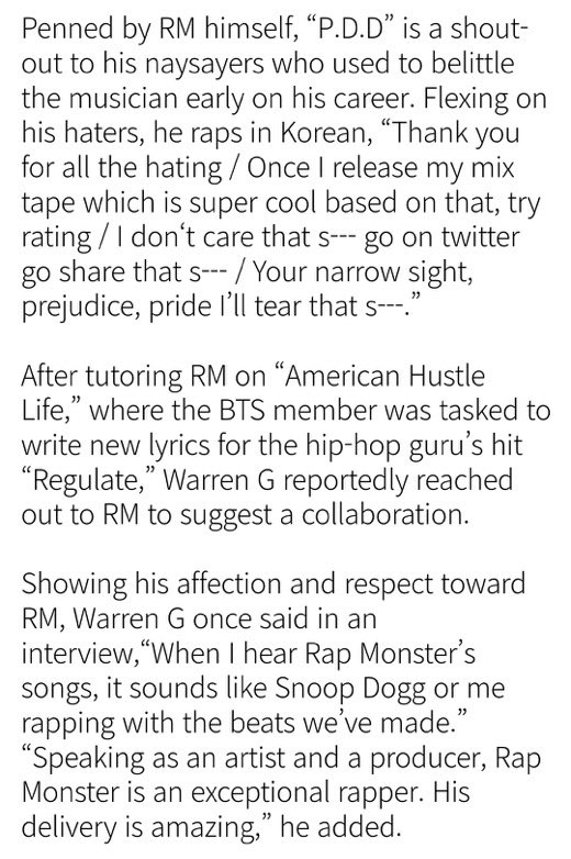 BTSRM_COLOMBIA's tweet photo. “Cuando escucho las canciones de Rap Monster, suena como si Snoop Dogg o yo rapeáramos con los ritmos que hemos creado”. “Hablando como artista y productor, Rap Monster es un rapero excepcional. Su entrega es increíble."
Warren G @regulator on #RM
#9YearsWithPDD ©rmglobalunion https://t.co/SQTU6i8syd