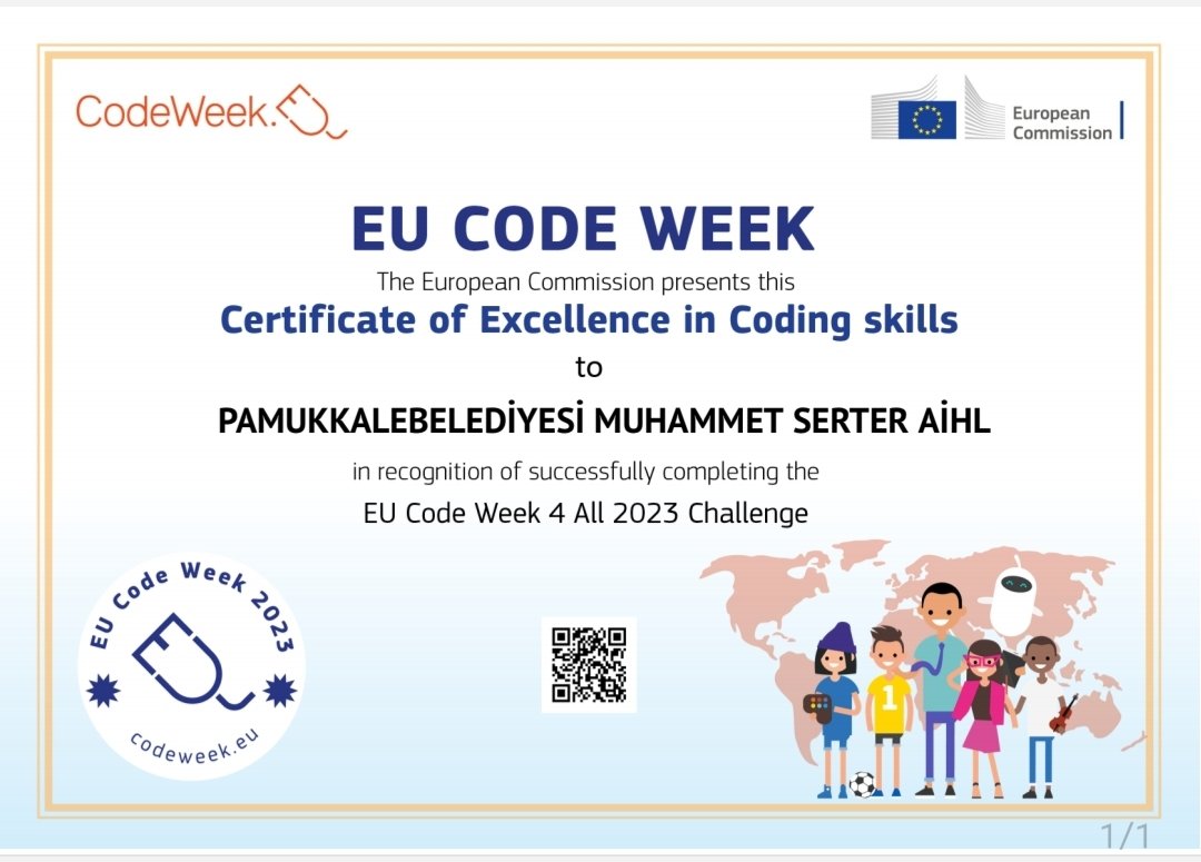 pbmsaihl's tweet image. 14-17 Ekim AB KOD HAFTASI (EU CODEWEEK) etkinliklerine katılan okulumuz, Avrupa Komisyonunca "Kodlama Becerilerinde Mükemmeliyet Sertifikası" almaya layık görüldü.
#Codeweek2023 🌐
#YapayZeka 🤖
@tcmeb
@emre_caliskan
@denizlimem
@ArgeDenizli
@YTEMEL3
@CodeWeekEU
@CodeweekTurkiye