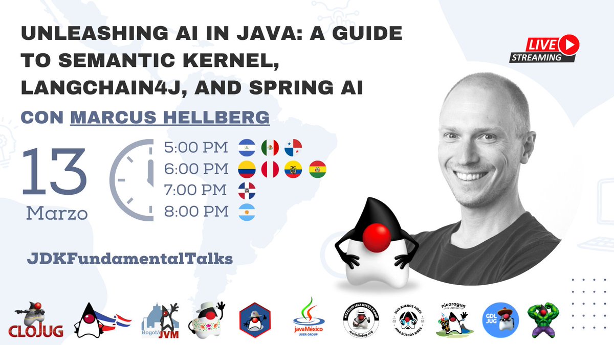 Barranquilla JUG 🇨🇴 (@jugbaq) on Twitter photo ¡No te pierdas nuestro evento con el speaker
<a href="/marcushellberg/">Marcus Hellberg</a>
! Descubre cómo aprovechar al máximo la inteligencia artificial en Java con Semantic Kernel, Langchain4j y Spring AI. ¡Sintoniza la transmisión en vivo!
🚀 #JUGEvents #JDKFundamentalTalks #java
🔗youtube.com/watch?v=Ig_3Oy… ¡No te pierdas nuestro evento con el speaker
<a href="/marcushellberg/">Marcus Hellberg</a>
! Descubre cómo aprovechar al máximo la inteligencia artificial en Java con Semantic Kernel, Langchain4j y Spring AI. ¡Sintoniza la transmisión en vivo!
🚀 #JUGEvents #JDKFundamentalTalks #java
🔗youtube.com/watch?v=Ig_3Oy…