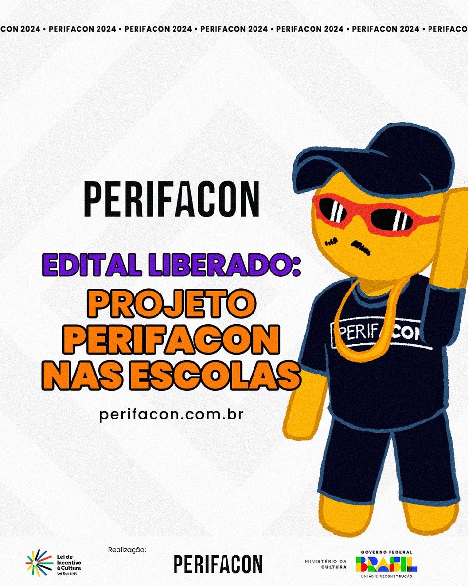 Inscrições abertas para o edital PerifaCon nas Escolas! 🎒⚡ 🧶 Segue o fio pra saber o que é e como funciona. #PerifaCon2024 🔗 perifacon.com.br