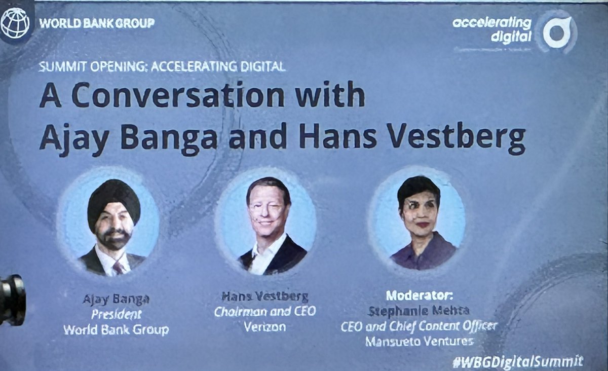 SMolineus's tweet image. Fascinating discussion betw.  @WorldBank President Ajay Banga and @Verizon Chairman &amp;amp; CEO Hans Vestberg on the importance of accelerating the #digitaleconomy, highlighting need to overcome the #digitaldivide, #digitalexclusion, and promote #DFS, e-health, #digitalskills, #GovTech