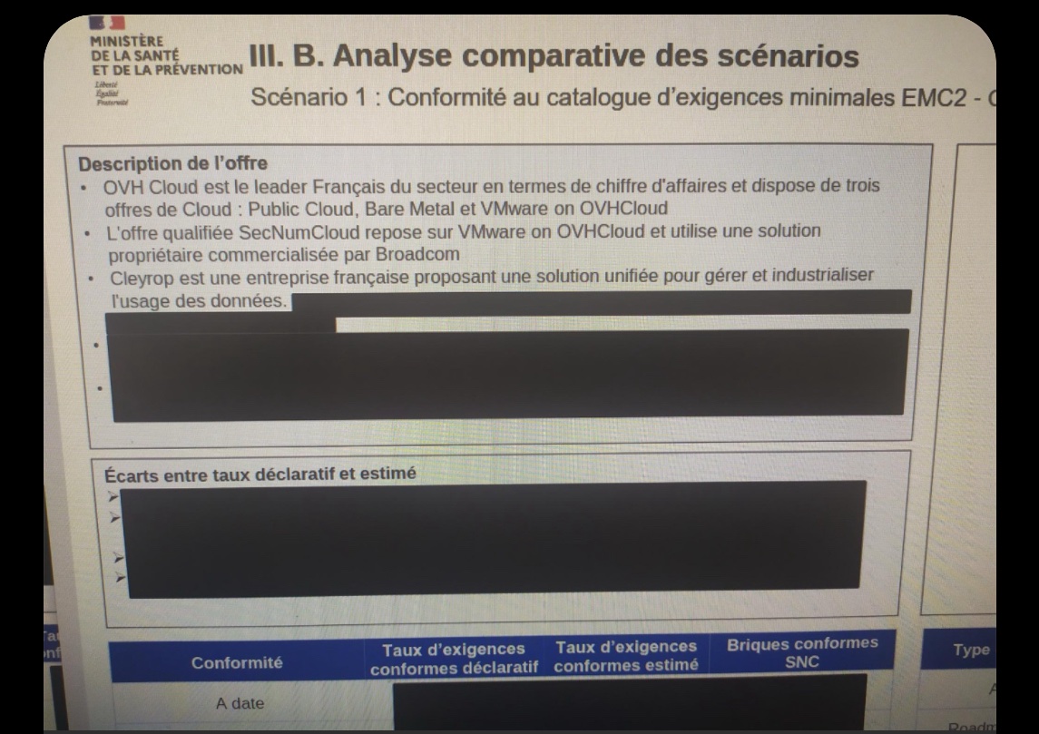reesmarc's tweet image. Où l’on découvre que le ministère de la santé et de la *prévention* balance un rapport d’expertise technique sur l’hébergement des données de santé, avec plein de zones noircies… lisibles en trois clics. #champions