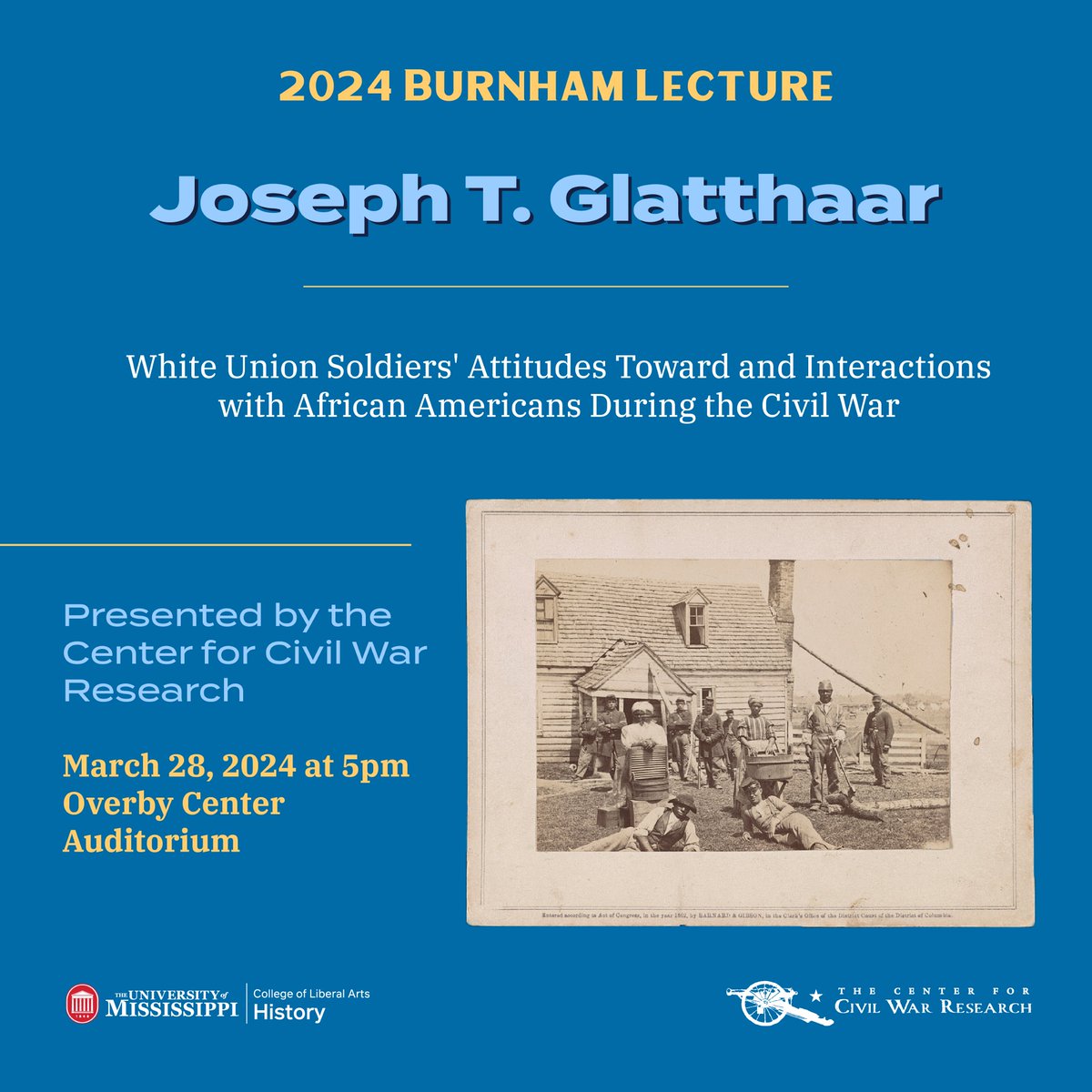 Center for Civil War Research (@um_ccwresearch) on Twitter photo Mark your calendars for our 2024 Burnham Lecture! On March 28, Dr. Joseph Glatthaar (<a href="/UNChistory/">UNC History</a>) will speak on Union soldiers' interactions with and attitudes toward African Americans. Please join us at 5pm in the Overby Auditorium! <a href="/umhistory/">umhistory</a> <a href="/umlibarts/">UM Liberal Arts</a> Mark your calendars for our 2024 Burnham Lecture! On March 28, Dr. Joseph Glatthaar (<a href="/UNChistory/">UNC History</a>) will speak on Union soldiers' interactions with and attitudes toward African Americans. Please join us at 5pm in the Overby Auditorium! <a href="/umhistory/">umhistory</a> <a href="/umlibarts/">UM Liberal Arts</a>