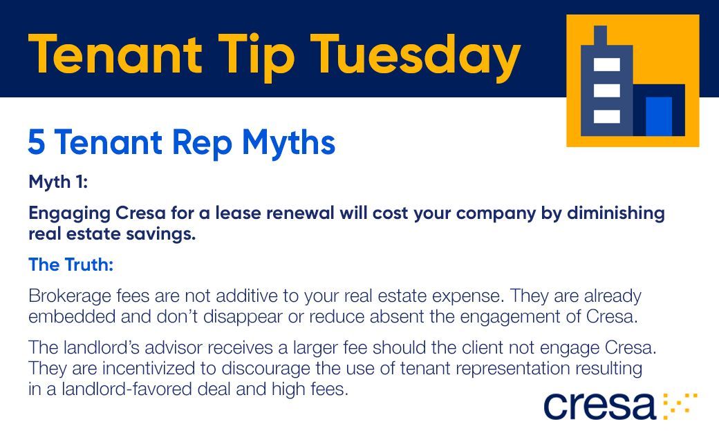 Happy Tenant Tip Tuesday everyone! 
#TenantTipTuesday - Myth (Will Engaging With Cresa Cost Your Company Money?)
#cre #cresa #tenantrep #conflictfree #findandfoster #thinkbeyondspace #commercialrealestate #indianapolisrealestate