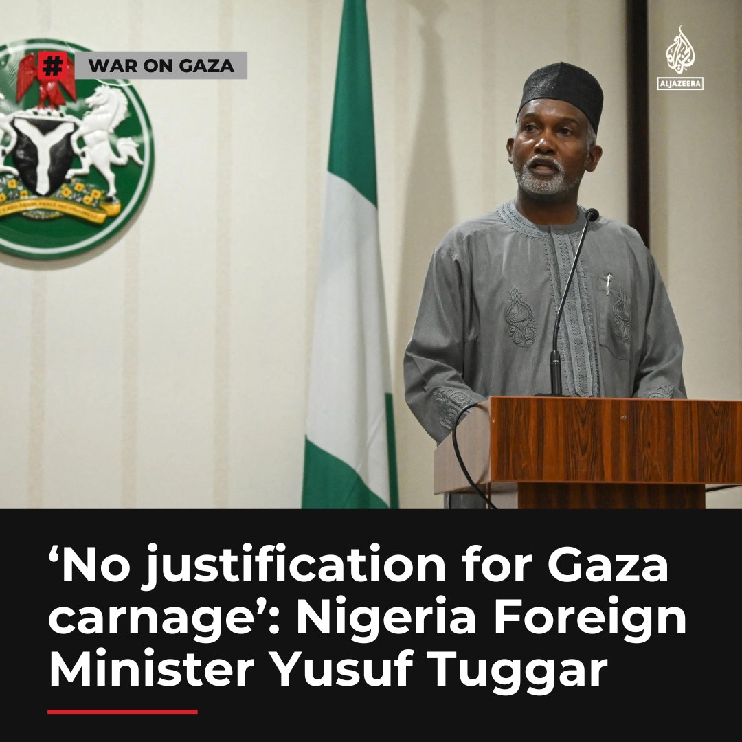 AJEnglish's tweet image. Israel must stop its war on Gaza, and the world needs to drop its “double standards” over the killings in the besieged enclave, Nigeria’s FM Yusuf Tuggar told Al Jazeera aje.io/63ja0r