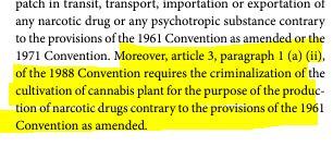 In its annual report, the UN's INCB appears to be reminding countries that international law (1988 Convention) 'requires the criminalization' of cannabis cultivation 'for the purpose of the production of narcotic drugs contrary to the provisions of the 1961 Convention'

#adultuse