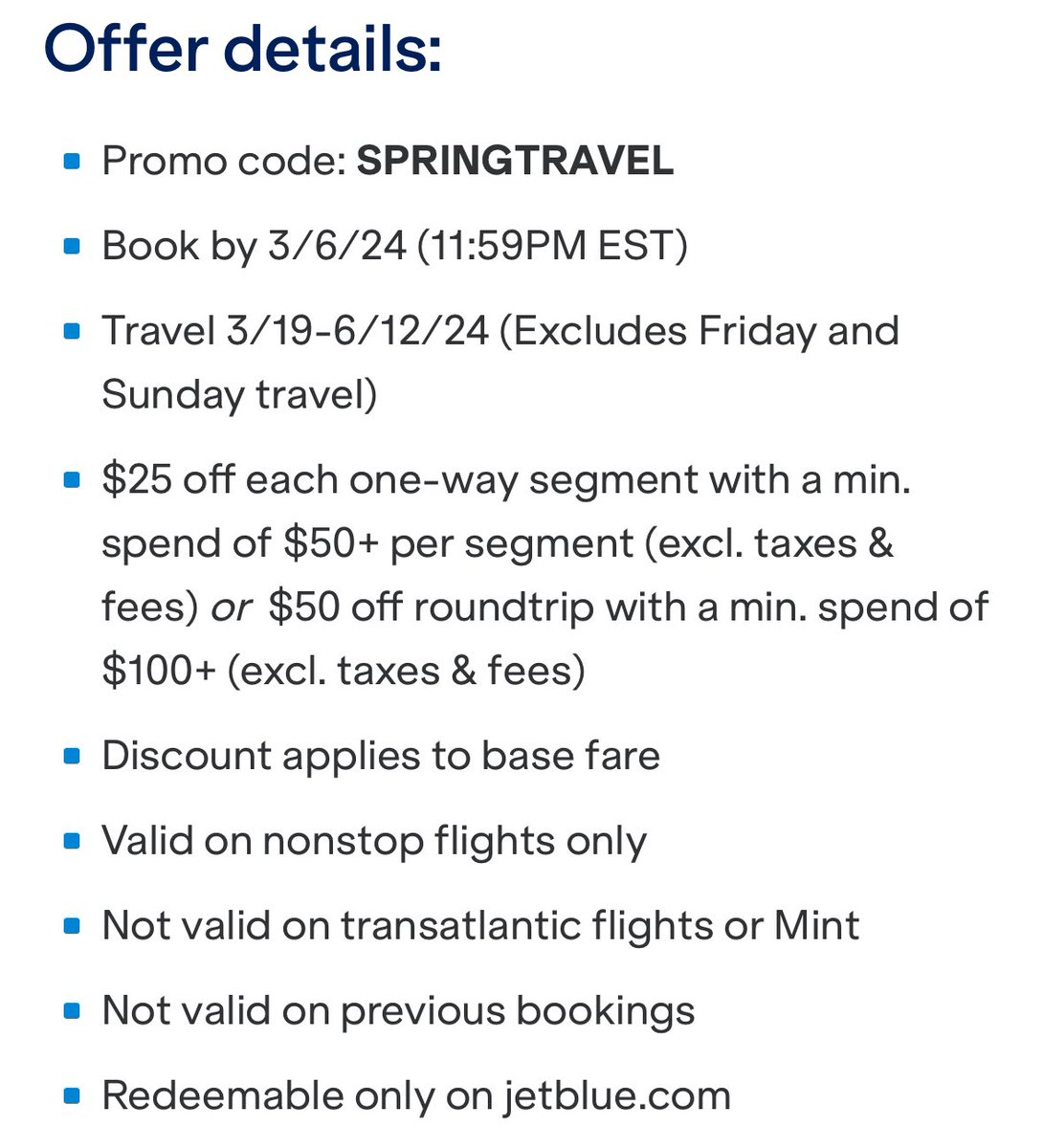 🎉JetBlue has a new sale!🎉

Use code SPRINGTRAVEL to get $50 off a $100+ roundtrip flight (or $25 off a $50+ one way flight). Must book by 11:59 PM EST on 03/06/24.

More details here ⬇️