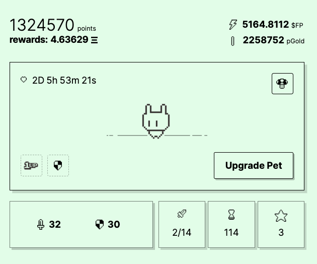 A thread on <a href="/frenpetonbase/">Fren Pet</a> tokenomics &amp; gameplay

TL;DR:
Play game to get points
More points = more ETH rewards
pGOLD (onchain points) can only go up in value
Sell pGOLD -> FP -> ETH
Pets are free to mint

Make money playing a fully onchain tamagotchi game, powered by <a href="/base/">Base</a>