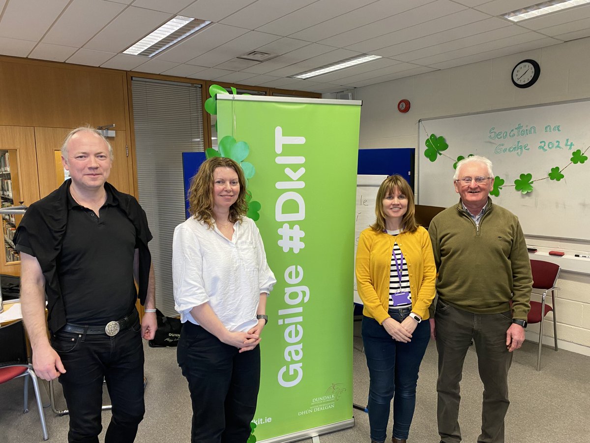 DkITLibrary's tweet photo. Great talk on the Irish origins of local dialects in the library today. L to r. Irish language officer, Eamonn DeBarra, business  lecturer, Cathriona Connor, library assistant, Mary McShane and guest  speaker, Niall O’Sluain. There will be a ceilí in Carrolls on Thursday  11-1pm https://t.co/HH0uJXXKmU