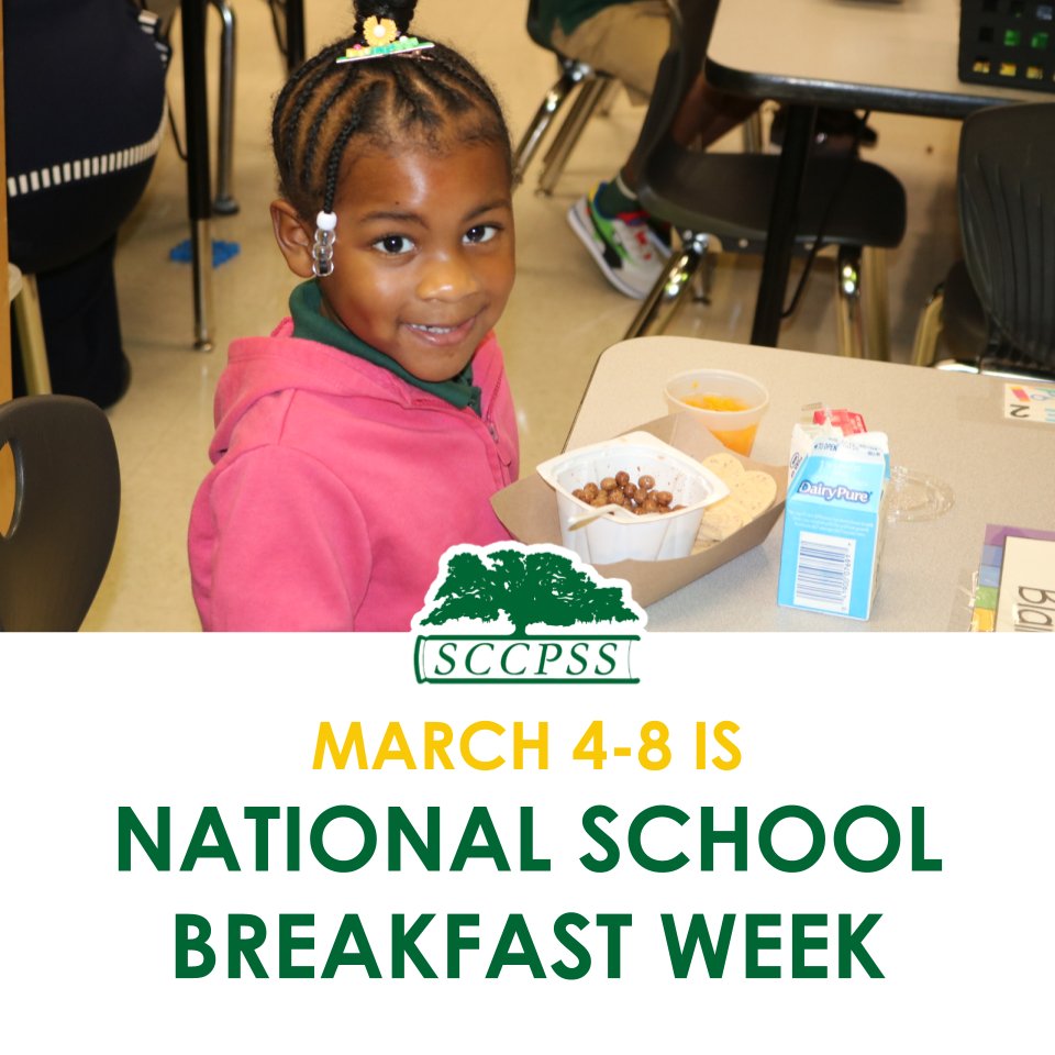 March 4th-8th is National School Breakfast Week! 🏫🥞

Did you know that all SCCPSS students receive breakfast free of charge? A nutritious breakfast provides the energy needed to focus, concentrate, and learn.