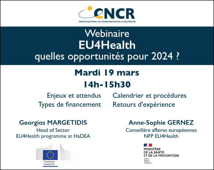 Webinaire – EU4Health : quelles opportunités pour 2024 ?
🗓 Mardi 19 mars, 14h-15h30
Le CNCR organise un webinaire d'information sur les enjeux, les financements et le calendrier du programme. ℹ️ cncr.fr/2024/03/05/web…