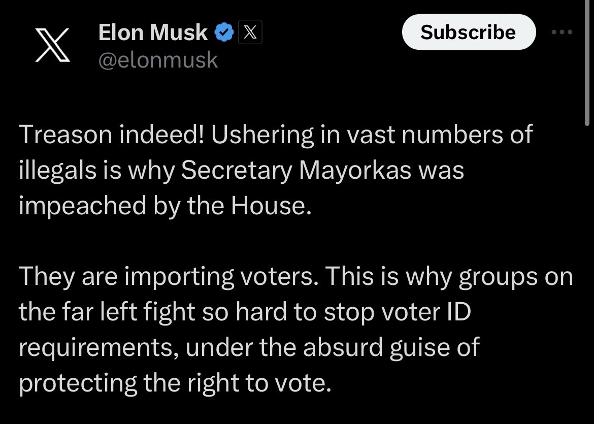 Elon Musk accuses the Biden administration of 'importing voters' via illegal immigration.