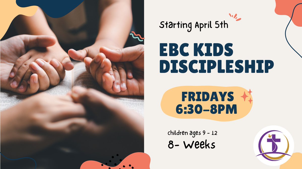 EBC is thrilled to announce the launch of EBC Kids Discipleship classes for children ages 9- 12. This 8- week program is designed to nurture and guide our young ones faith journey.  sign up today to secure a spot for your child.
Register here: tithe.ly/event-registra…