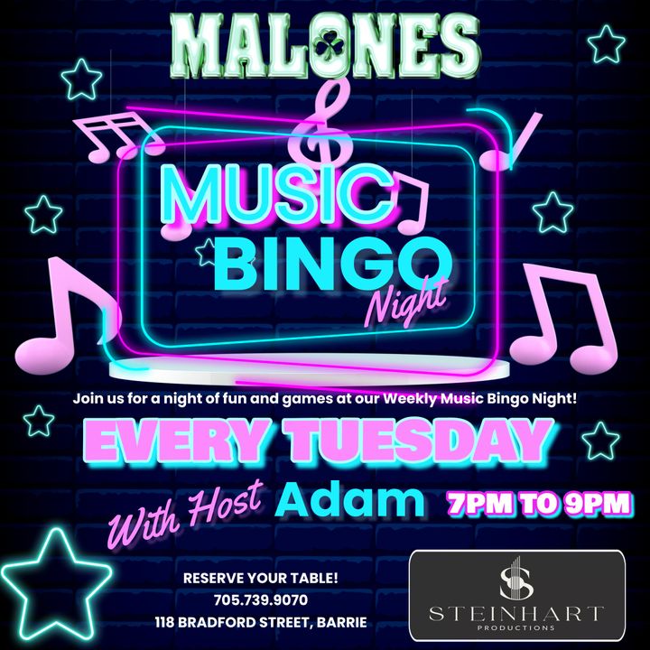 Every Tuesday, dine in and enjoy our famous Bad Boy Wings for just 99 cents each! Wash it down with a Molson Tallboy for just $5.50! 

Plus, join Steinhart Productions from 7-9 PM for #MusicBingo with fun and prizes!

#DemandYourMalonesTyme #Barrie #WingNight