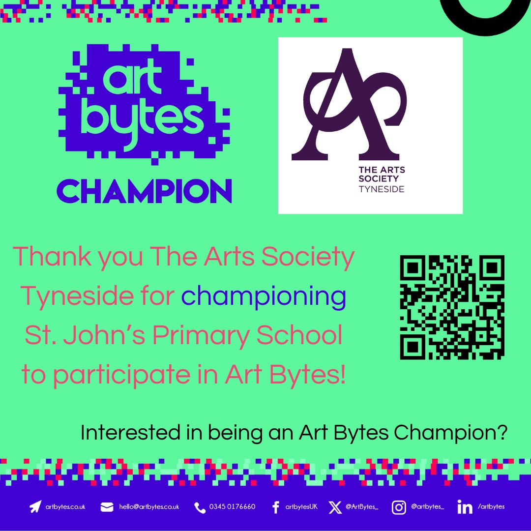 We're continuing to celebrate Art Bytes Champions, organisations that have committed to support a local school to take part in Art Bytes. Thank you to @TheArtsSociety_ Tyneside for being a champion to @StJohnsNE4 for 2024.