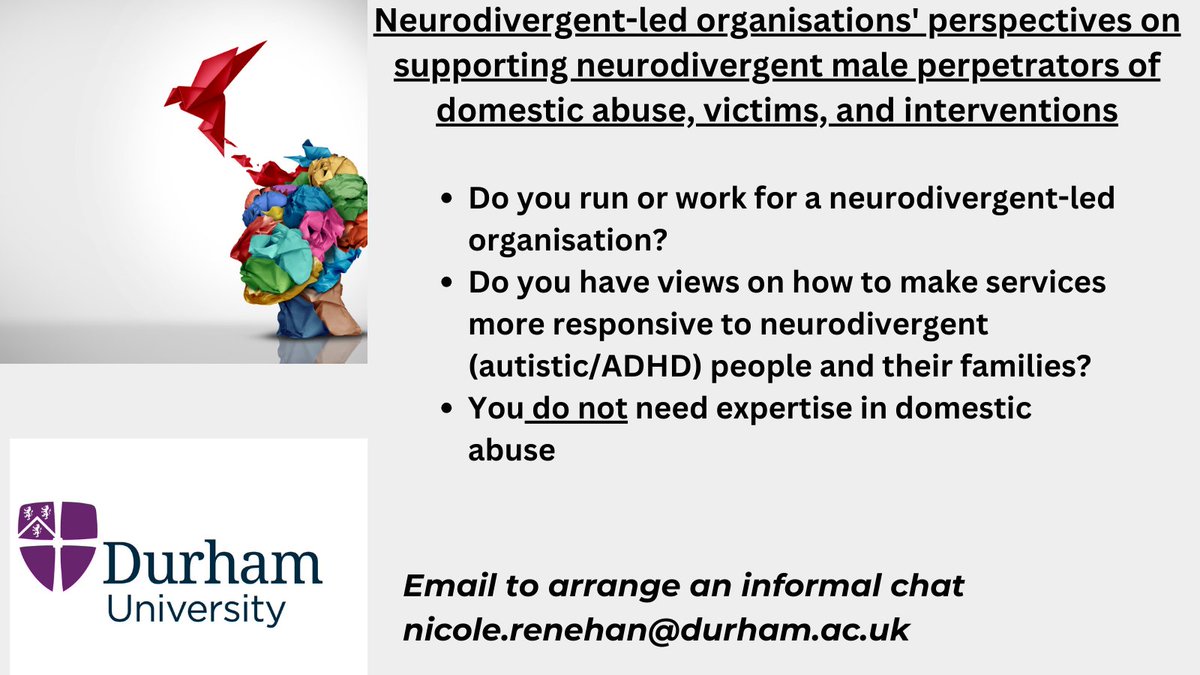 📢Call for participants📢. I would like to hear neurodivergent-led orgs views on making DA perpetrator programs more inclusive. No expertise on domestic abuse needed. This builds on my previous two projects (see thread) with autistic and/or ADHD men & DA program providers.