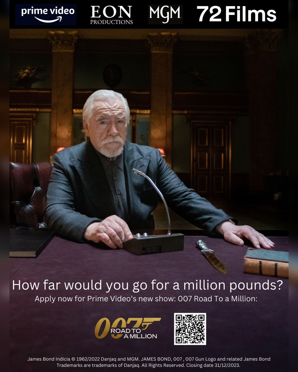 CONTESTANTS WANTED FOR SEASON 2 OF 007: ROAD TO A MILLION ON PRIME VIDEO.

WE ARE LOOKING FOR PAIRS WHO THINK THEY COULD WIN A MILLION POUNDS 

Apply here: surl.li/rgdru
