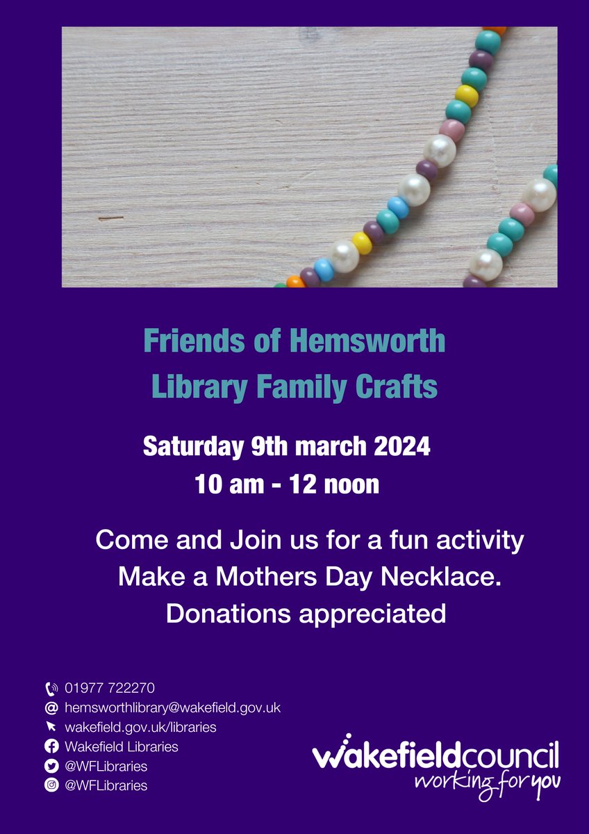 WFlibraries's tweet image. 👩‍👧Join us at #HemsworthLibrary for a fun #MothersDay activity!
Make a necklace for you&apos;re beloved mother!
📅Sat 9 Mar ⏰10am-12pm 📍Hemsworth Library

@WFmuseums @mywakefield @HemsworthTC @wakeymumbler @H&amp;amp;SE @MNetWakefield