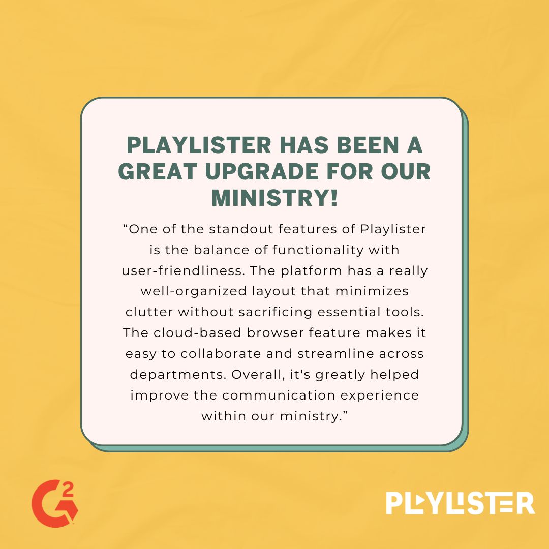 We're thrilled to hear how Playlister has enhanced your ministry! ⭐️

Our goal is to simplify the process of presenting curriculum by seamlessly delivering content to all your TVs. Say goodbye to flash drives and computers, and hello to hassle-free presentations!