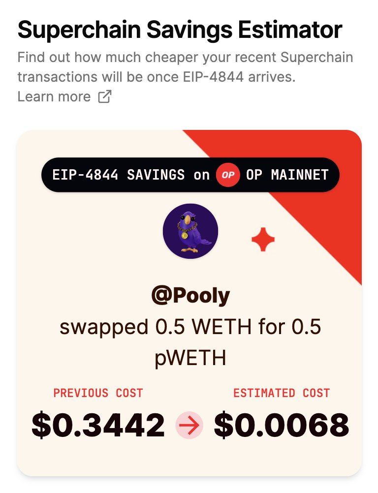 Using PoolTogether is getting a lot cheaper. On March 14th, @optimism's Ecotone network upgrade adopts EIP-4844. This will drastically reduce gas fees across the Superchain. Have a look at the estimate for depositing into a prize vault👇