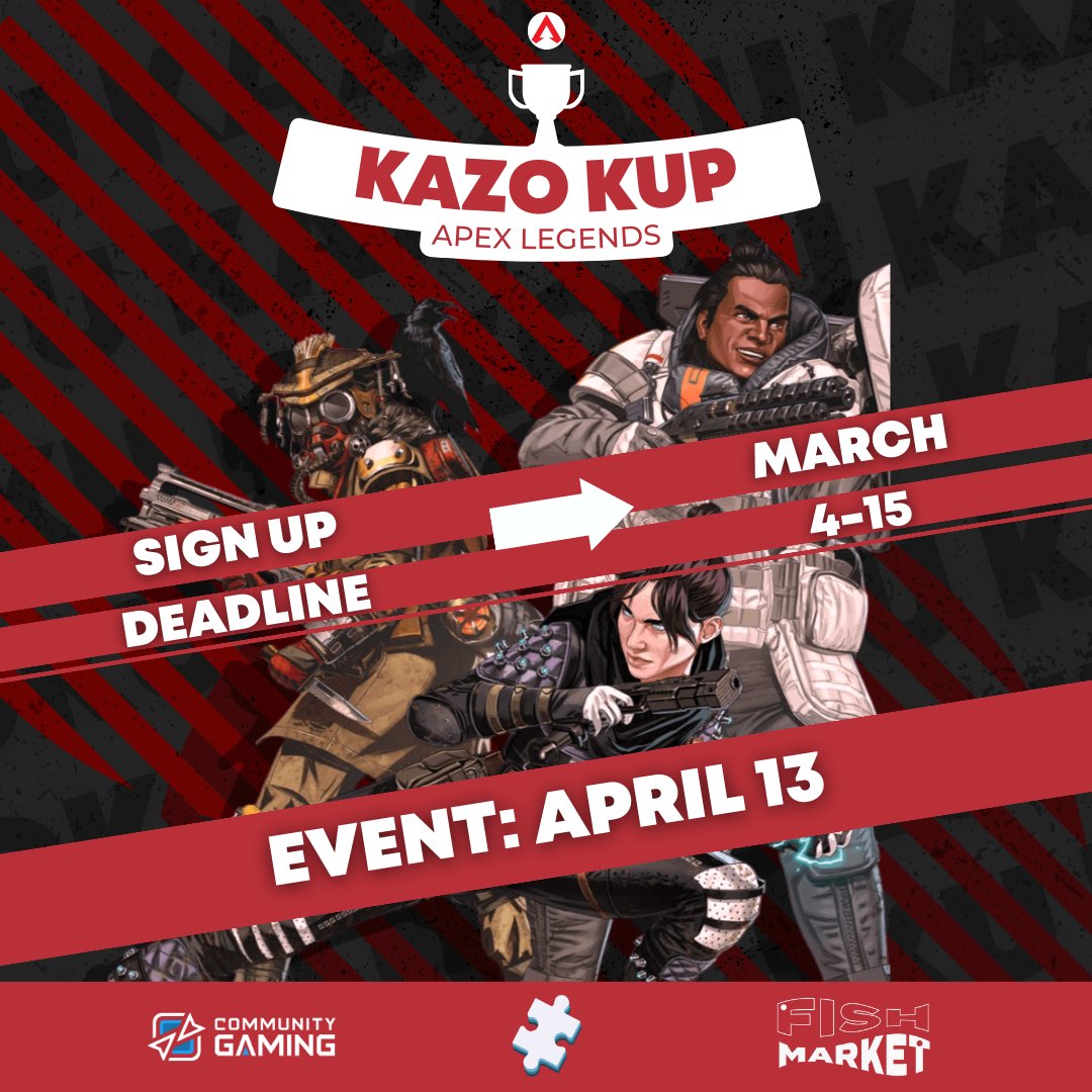 Kazoku (@kazo_team) on Twitter photo Introducing Kazoku's FIRST KAZO KUP: APEX LEGENDS Sponsored by <a href="/communitygaming/">Community Gaming</a> and Fish Market!!!
A fun tourney to sign up with a group of 3!
📅 April 13, 2024
🎁 $125 USD
✨ Signups CLOSE March 15 @ 11:59PM EST
Sign-up & Requirements
bit.ly/KazoKupApexSig…
Have fun~ Introducing Kazoku's FIRST KAZO KUP: APEX LEGENDS Sponsored by <a href="/communitygaming/">Community Gaming</a> and Fish Market!!!
A fun tourney to sign up with a group of 3!
📅 April 13, 2024
🎁 $125 USD
✨ Signups CLOSE March 15 @ 11:59PM EST
Sign-up & Requirements
bit.ly/KazoKupApexSig…
Have fun~