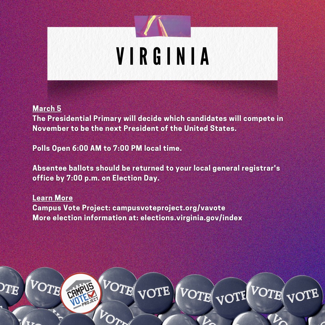 Today is Super Tuesday! 15 states have primary elections today, including: ⭐️Alabama ⭐️North Carolina ⭐️Texas ⭐️Virginia Polls are open, so make sure you have a plan to vote. Visit campusvoteproject.org/studentvoting-… to learn more!