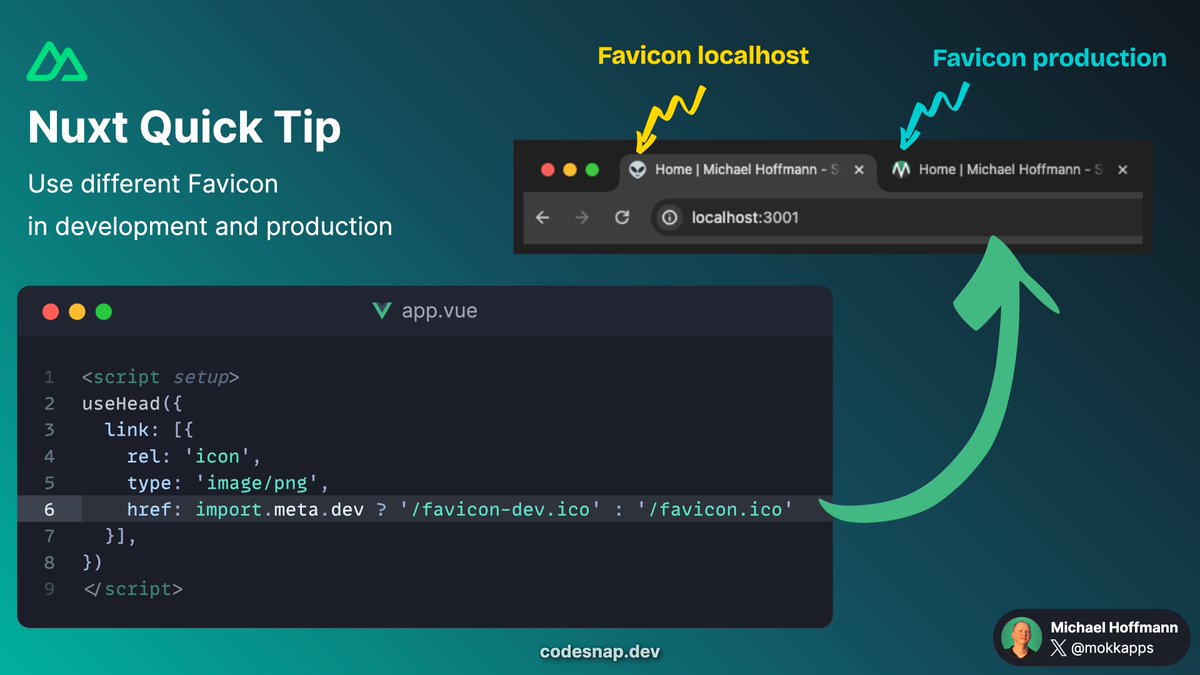 Mokkapps's tweet image. 💡 Nuxt Quick Tip: Use different Favicon for development and production
👉🏻 Use different Favicon to quickly distinguish between different environments in your open browser tabs.
@nuxt_js