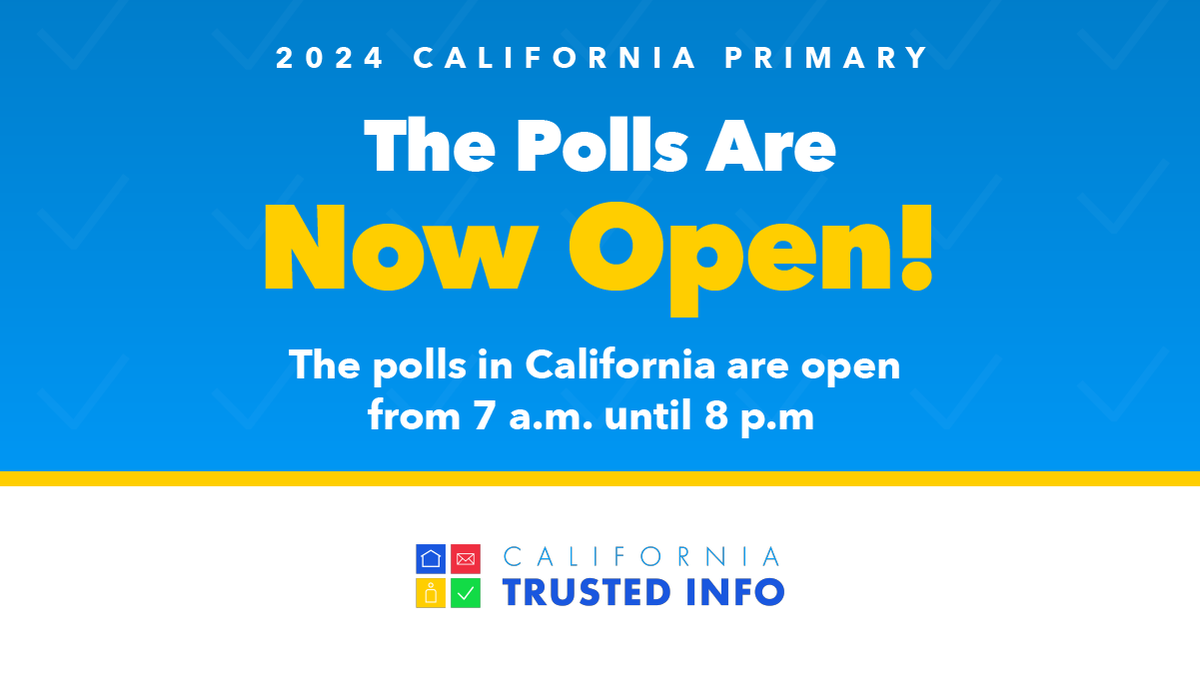 The Polls are OPEN! The polls in CA for the #2024CAPrimaryElection will be open until 8 p.m. tonight. Find all your relevant election info at Vote.ca.gov. If you have any issues at the polls, contact our voter hotline at (800) 345-VOTE (8683). #CATrustedInfo2024