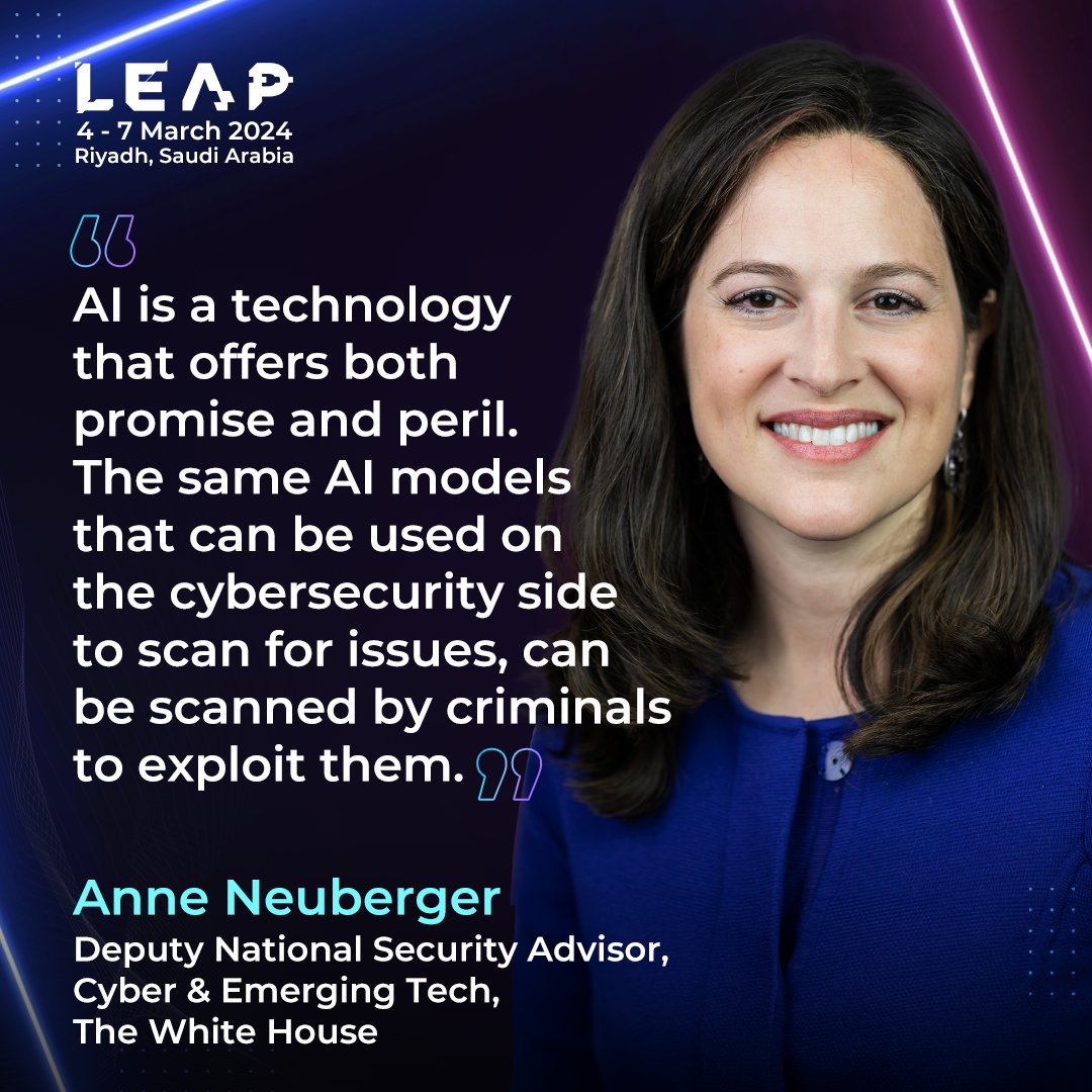 We had the chance to catch Anne Neuberger, Deputy Assistant to the President &amp; Deputy National Security Advisor for Cyber &amp; Emerging Technologies, live on the #LEAP24 Main Stage for a Fireside Chat on ‘The Promise &amp; Perils of Emerging Technology’.

In her own words, “AI is a