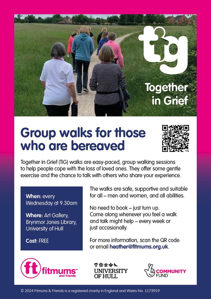 Remember – our #TogetherInGrief walks take place every week: 📅09.30am, Wednesdays 📌Art Gallery, Brynmor Jones Library, @UniOfHull 💲 FREE* If you have lost a loved one – recently or at any time in the past – join us for an easy-paced walk with others who share your experience.