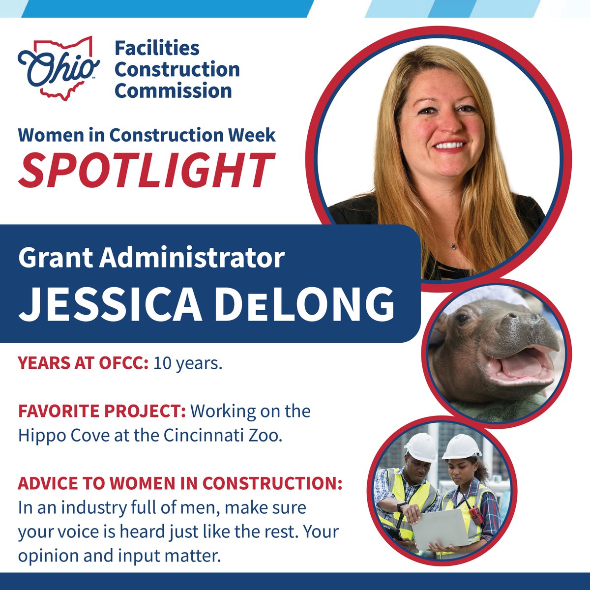 OHFacilities's tweet image. #WICWeek Spotlight 👷 Meet OFCC Grant Administrator Jessica DeLong! From enhancing cultural landmarks like the Cincinnati Zoo’s Hippo Cove to empowering communities across Ohio, Jessica’s dedication shines! Thank you for all you do! #26YearsOfWICWeek