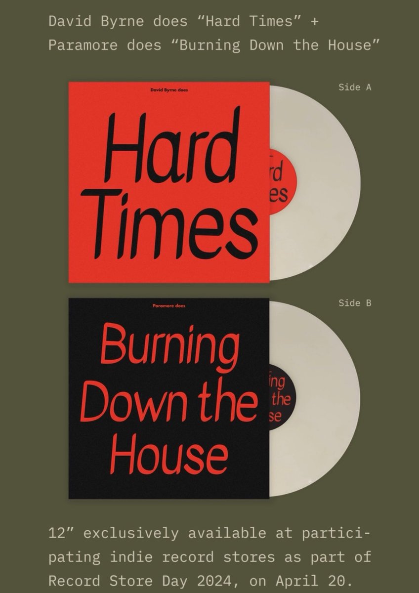 David Byrne & Paramore-Hard Times / Burning Down the House vinyl for the 2024 Record Store Day confirmed!