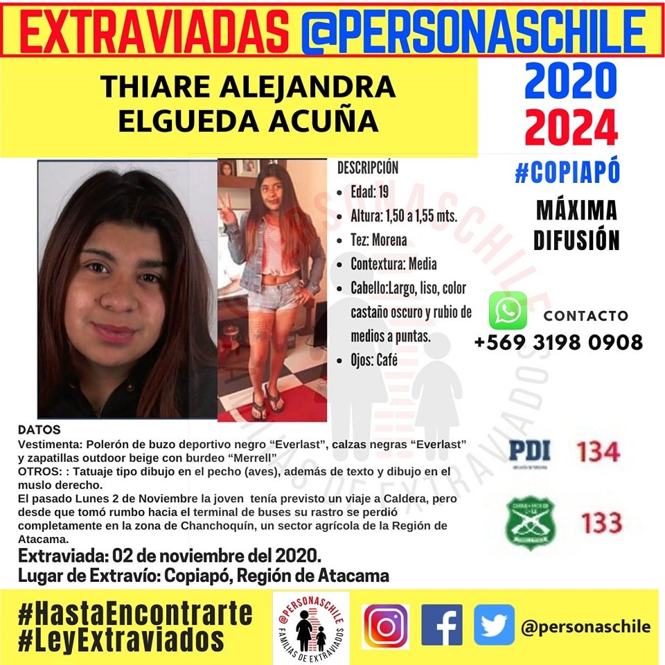 Personaschile's tweet photo. .🚨ALERTA ACTIVADA REGIÓN DE ATACAMA 🚨
3 años 4 meses  desde que Thiare Elgueda desapareció, su familia la sigue buscando.Cualquier dato puede dar una pista de lo sucedido.
#HastaEncontrarte
#NosFaltanTodos https://t.co/vjVfIkMtKS